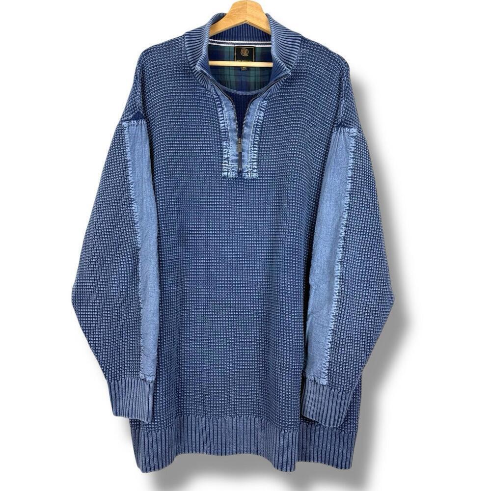 F/X Fusion Blue Half Zip Cotton Sweater Denim Patchwork Sz 2XL Chunky Knit Blue